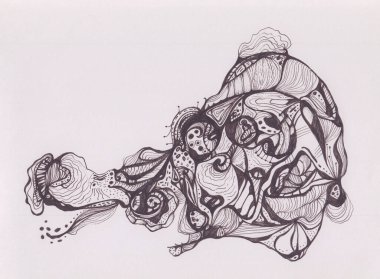 Akan geometrik ve doğal şekillerin el çizimleri. Kağıt üzerinde gerçeküstü sanat eserleri. Baskı için yaratıcı sanat, tebrik kartı, poster, duvar süslemesi. Fantastik tasarım elementleri.