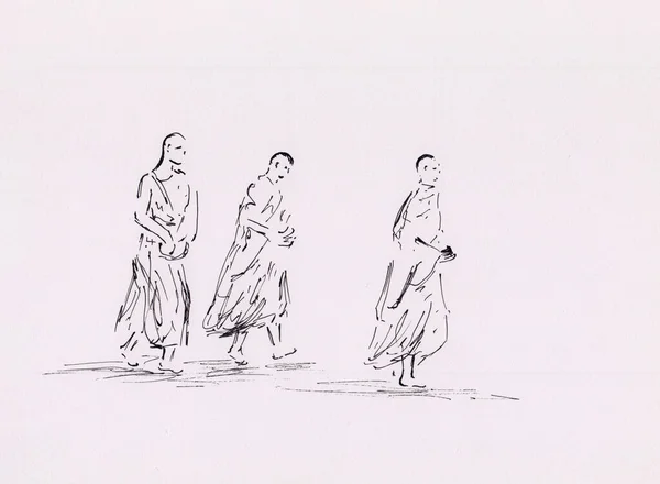 Abstract Buddhist Monks Silhouettes Ink Pen Drawing Asian Style Artwork — Stock Photo, Image