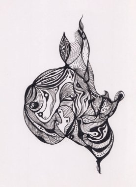 Akan çizgiler ve doğal geometrik şekillerle temsil edilen soyut yaprakların el çizimi çizimi. Kağıt üzerinde gerçeküstü sanat eserleri. Tek renkli grunge çizimi. Yaratıcı özgün sanat eseri.