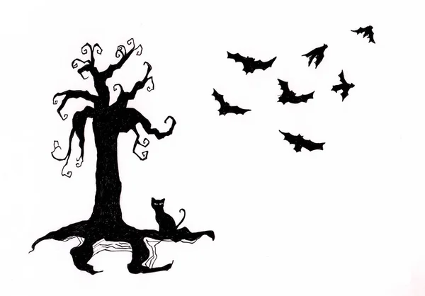 Dibujo Tinta Misterioso Árbol Desnudo Muerto Gato Negro Murciélagos Fondo —  Fotos de Stock