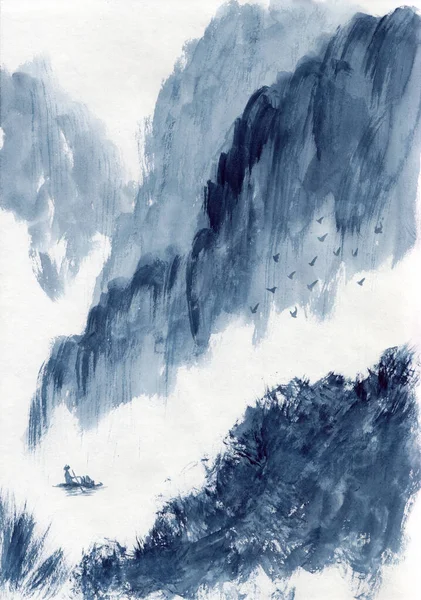 Akvarell Målning Asiatiska Stenar Hav Och Fiskebåt Lugnt Orientaliskt Landskap — Stockfoto