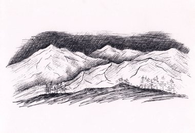 Barışçıl dağların tek renkli mürekkep resmi. Elle çizilmiş kaya katmanlı manzara çizimi. Dekorasyon, rahatlama, meditasyon geçmişi, seyahat posteri. Geceleri Alpler.