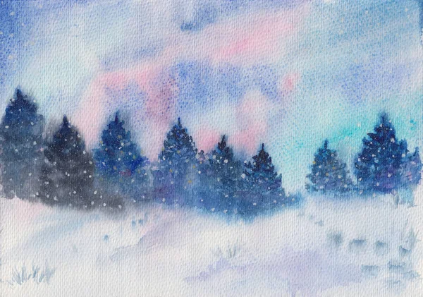 喜庆生机勃勃的自然景观与北极光 冬季水彩背景 用于冥想 和平松树森林为圣诞海报 神奇的松树 — 图库照片