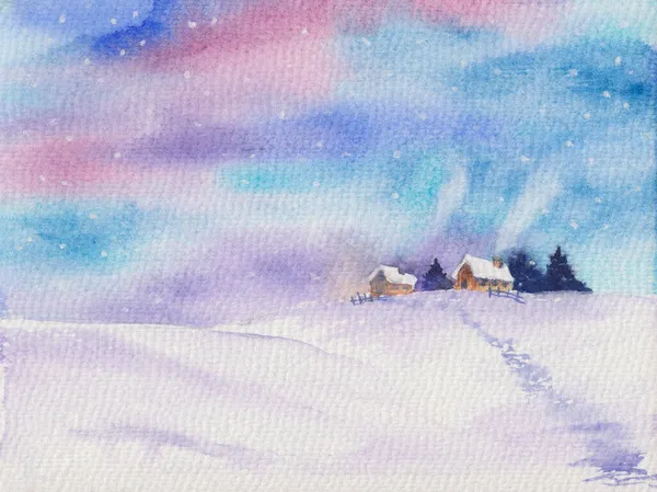 Akvarel Malba Jasnou Zimní Krajiny Zasněžené Pole Útulný Venkovský Důmse — Stock fotografie