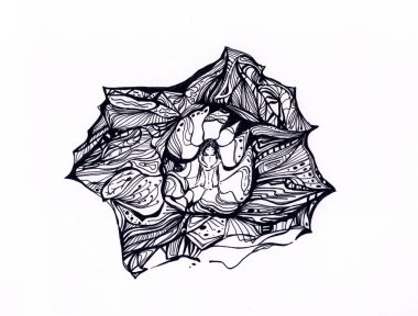 Zihinsel kapsülde saklanan genç bir kızın siyah mürekkep tablosu. Orijinal sürrealist sanat eseri. Üzüntü, yalnızlık, depresyon konsepti. Kitap illüstrasyonu, Ruh Sağlığı posteri olarak kullan.