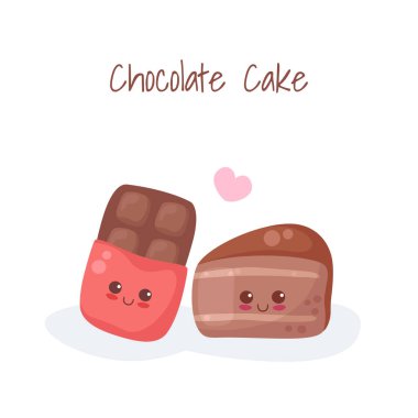 Beyaz arka planda Şirin Çikolatalı Kek ve Çikolatalı Kek var. Çocuk menüsü, tekstil baskısı, kart için Kawaii yemek vektör illüstrasyonu. Mutlu tatlı karakterleri. Açık renk çizimi.