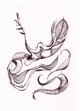 Soyut çiçek şekillerinin tek renkli, barışçıl mürekkep tablosu. Huzur anları konsepti. Meditasyon geçmişi, kartpostal, kitap illüstrasyonu, baskı ve dövme için orijinal sanat eserleri. Kağıt üzerinde orijinal sanat.