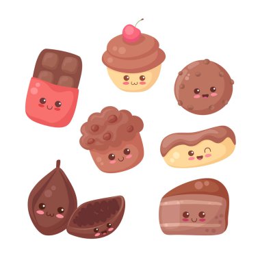 Beyaz arka planda Kawaii çikolata, kek, kek, pasta, kakao ve kakao çekirdeği örnekleri var. Şirin komik vektör yiyecekler. Kart, kumaş baskısı, çocuk menüsü için yemek çizgi film karakterleri.