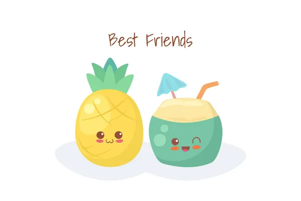 Kawaii在白色背景下孤立的年轻椰子和菠萝的图解 可爱的微笑病媒食物 健康纯素椰子奶设计 外型热带水果特征卡片 面料印花 — 图库矢量图片