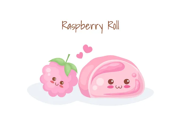 Illustrazione Kawaii Raspberry Roll Con Bacca Rosa Isolata Sfondo Bianco — Vettoriale Stock