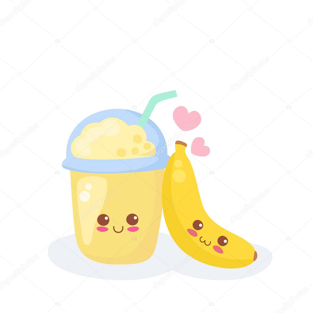 Cute Banana smoothie in plastic cup for card, print, poster. Vector kawaii iced drink. Cartoon children illustration isolated on white background. Adorable fruits smoothie, yellow frozen milkshake. 