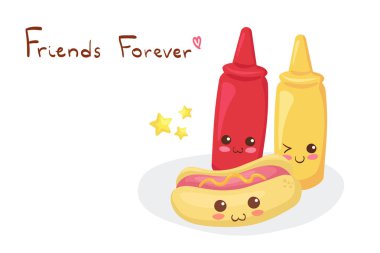 Kawaii Hot Dog ve ketçap beyaz arka planda izole edilmiş Hardal şişeleri. Tatlı fast food menü seti. Elle çizilmiş komik ve mutlu vektör çizimi. Sevimli yemek karakterleri..