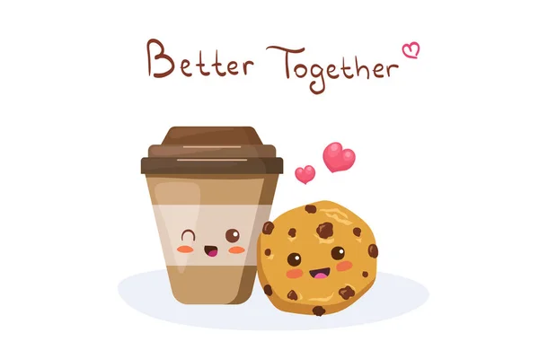 Kawaii Cartoon Cookie Chocolate Chips Coffee Cup Characters Cute Happy — Stock Vector