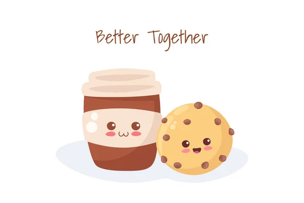 Kawaii Illustratie Van Cup Coffee Cookie Met Chocolade Chips Geïsoleerd — Stockvector