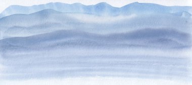 Mavi dağların suluboya resmi. Kayaların katmanlarıyla huzurlu, huzurlu, oryantal bir manzara. Duvar kâğıdını gevşetmek, baskı yapmak, rahatlatıcı meditasyon geçmişi için kavram. Soyut panoramik ışık rengi sanatı.