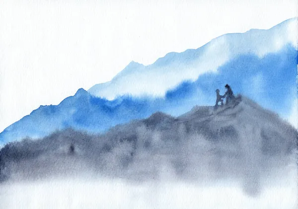 Paysage Aquarelle Avec Des Montagnes Vives Bleues Grises Deux Personnes — Photo