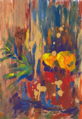 Parlak balkabağı resmi yapan soyut akrilikler. Baskı için canlı renkli sanat eserleri, duvar süslemeleri, mevsimlik tebrik kartları, Şükran Günü posteri. Sıcak sonbahar renklerinde orijinal sanat. Gerçek fırça dokusu.