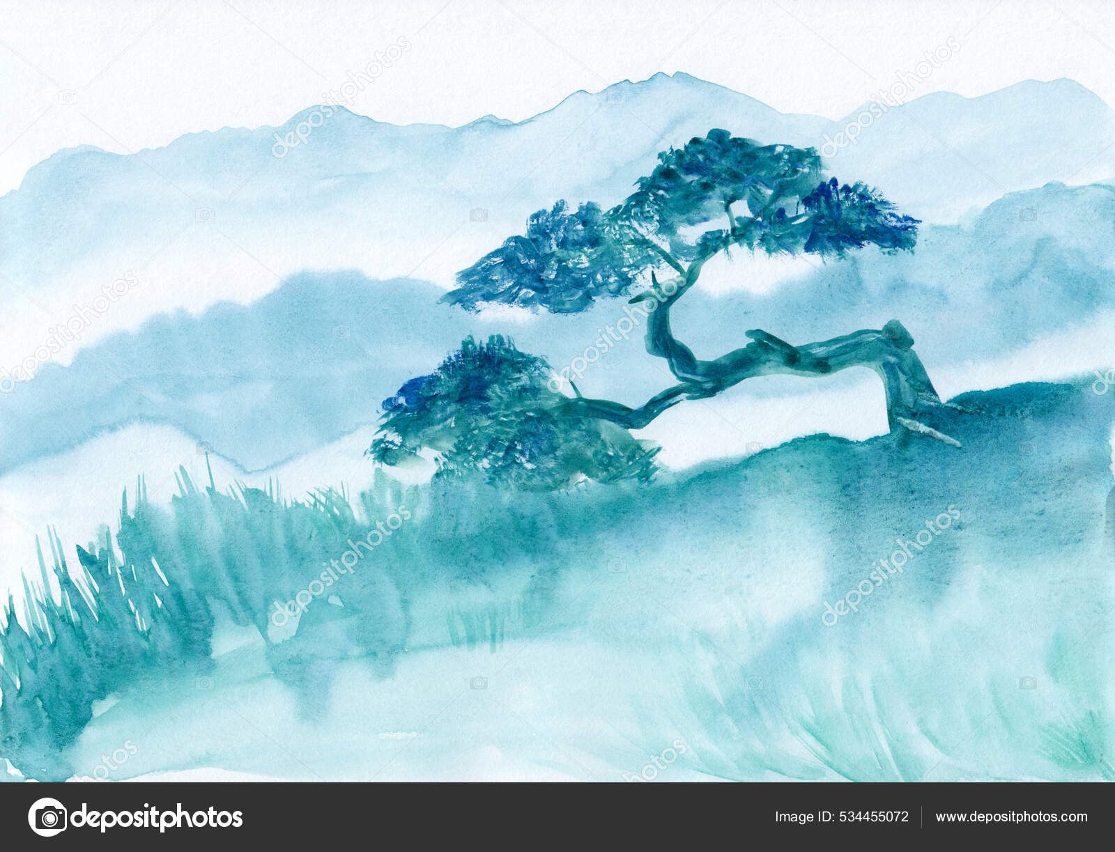 Aquarell Illustration Einer Friedlichen Berglandschaft Mit Einem Baum Stil  Chinesischer Stockillustration von ©vlpekar #534455072, image size:1600x1223