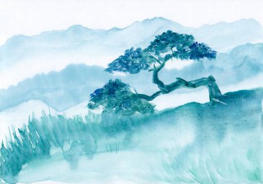 Huzurlu dağların suluboya çizimi Çin mürekkebi tarzında bir ağaçla. Asya 'nın sakin manzarası. Tebrik kartı, meditasyon geçmişi, baskı için kullan. Orijinal oryantal resim.