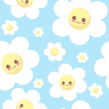 Mavi arka planda sevimli gülümseyen kawaii çiçekleri. Açık renkli komik, pürüzsüz desen. Vektör çizgi film karakteri çizimi. Pozitif papatya çiçeği. Çocuklar için klasik yinelenen arka plan kavramı.