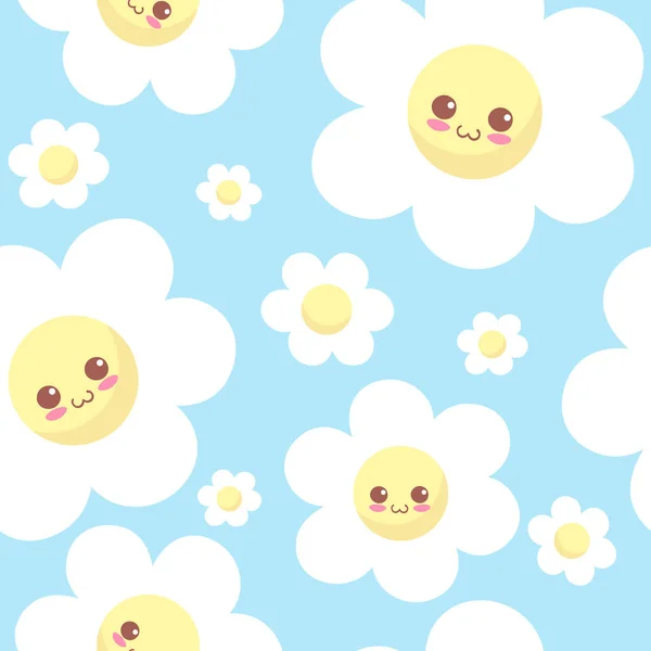 Cute Uśmiechnięte Kwiaty Kawaii Niebieskim Tle Zabawny Bezszwowy Wzór Jasnych — Wektor stockowy