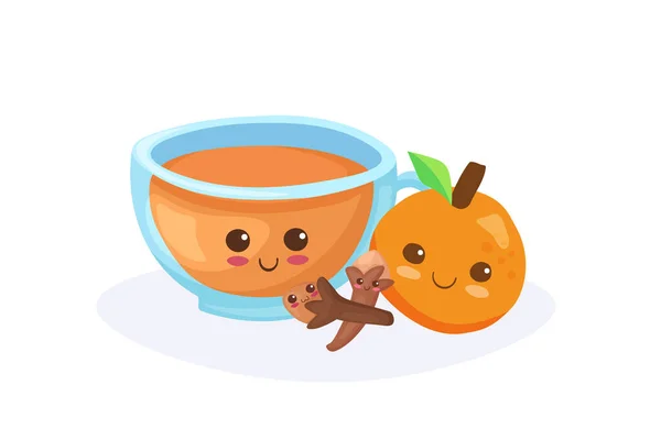 Taza Kawaii Feliz Con Naranja Clavo Comic Personajes Comida Divertida — Archivo Imágenes Vectoriales