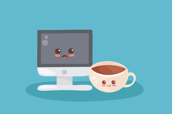 Linda Computadora Con Taza Café Adorables Personajes Cómicos Sonrientes Lugar — Vector de stock