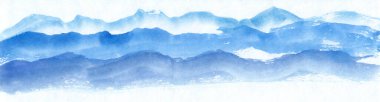 Çin mürekkebi, sakin, canlı, mavi Asya dağlarının resmini çizdi. Barışçıl geniş kaya katmanları. Suluboya doğu manzarası. Rahatlatıcı meditasyon geçmişini kavra. Soyut panoramik sanat.