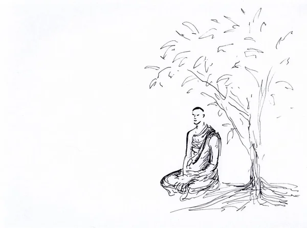 Absztrakt Buddhista Szerzetes Meditál Alatt Tintás Tollrajz Békés Ázsiai Stílusú — Stock Fotó