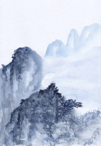 青いアジアの山々と水彩画 垂直方向の東洋の平和的な風景 カード リラクゼーション 穏やかな瞑想の背景のための概念 中国伝統水墨画 — ストック写真