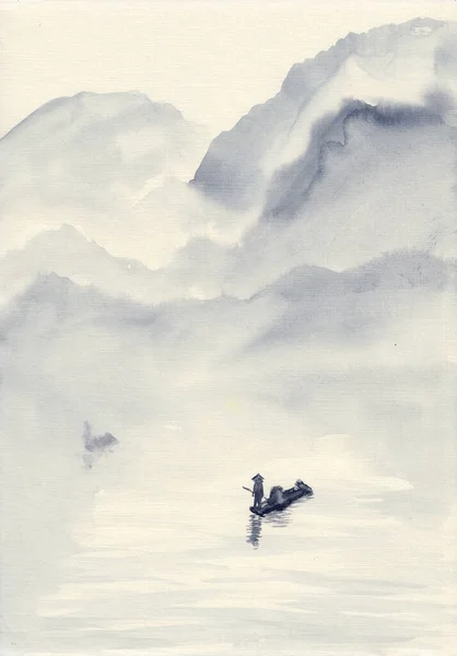アジアの山々 漁船の水彩画 アジアの穏やかな風景イラスト 岩の層と静かな中国のインクアート 瞑想の背景 カード 印刷のための概念 — ストック写真