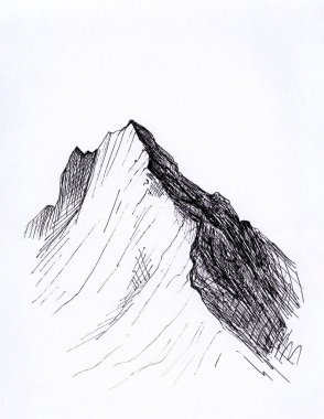 Minimalist dağ zirvelerinin mürekkep resmi. Huzurlu, sakin, kayalık katmanlı doğu manzarası çizilmiş. Rahatlama, yenileme ve rahatlatıcı meditasyon geçmişi kavramı. Soyut dikey sanat.
