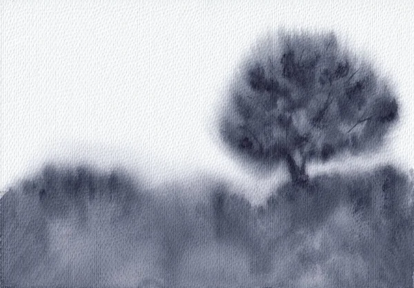 Υδατογραφία Γαλήνιο Μονόχρωμο Τοπίο Μοναχικό Δέντρο Αφηρημένο Ήσυχο Χέρι Ζωγραφισμένο — Φωτογραφία Αρχείου