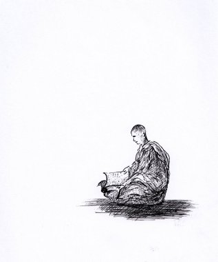 Genç Budist rahibin oturup kitap okuduğu mürekkep kalemi çizimi. Meditasyon, afiş, poster, kitap illüstrasyonu için orijinal arka plan. Soyut sakin ve barışçıl sanat eserleri. Rahibe cüppeli..