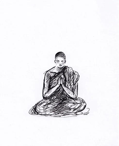 Чернильный Рисунок Молодого Буддийского Монаха Сидящего Позе Лотоса Молящегося Спокойный — стоковое фото