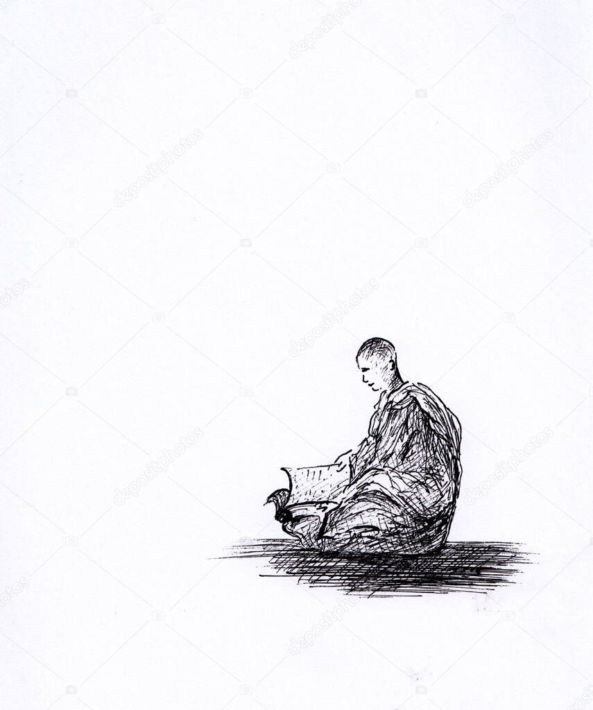 Ink pen drawing of young Buddhist monk sitting and reading a book. Original background for meditation, banner, poster, book illustration. Abstract calm and peaceful artwork. Novice monk in robe.