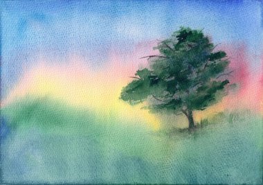 Bir çayır ve ağaçla birlikte suluboya, dingin, dingin bir gün doğumu. Doğulu barışçıl manzara. Baskı, kart, duvar dekorasyonu, meditasyon arka planı için kullan. Sakin Asya tarzı sanat eserleri.