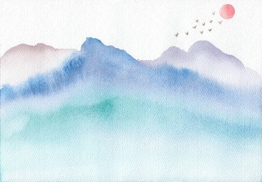 Renkli dağların suluboya çizimi, güneş ve kuşların. Doğulu barışçıl manzara. Baskı, poster, afiş, meditasyon geçmişi için kullan. Sakin Asya tarzı sanat eserleri. Orijinal resim.