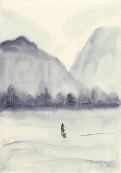 アジアの山々 森と孤独な男の水彩画 手の岩の層で東洋の平和的な風景を描いた ポスター 本のイラスト 穏やかな瞑想の背景のための概念 — ストック写真