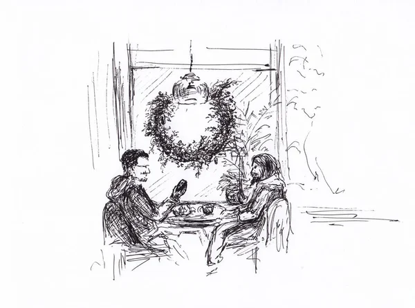 两个人在咖啡馆桌旁的水墨画 舒适的室内装饰为圣诞节 冬季的原作 墙面装饰图解 — 图库照片