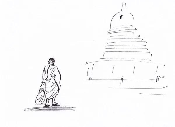 Μελάνι Στυλό Ειρηνική Μινιμαλιστικό Σχέδιο Του Περπατώντας Βουδιστής Μοναχός Μάσκα — Φωτογραφία Αρχείου