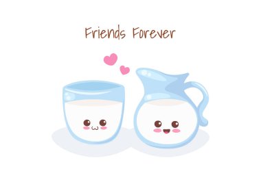 Tatlı Süt Sürahisi ve Kawaii tarzı çizgi film karakterleri. Süt ürünleri seti. Beyaz arkaplanda vektör çizimi izole edildi. Kart, çocuk tişörtü baskısı, çocuk posteri. Kalsiyum yiyecekler..