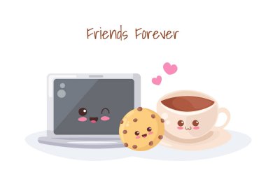 Şirin dizüstü bilgisayar, kurabiye ve kawaii tarzı kahve fincanı karakterleri. Beyaz arkaplanda vektör çizimi izole edildi. Kart, çocuk tişörtü baskısı, poster, web sitesi. Sevimli ev işyeri.