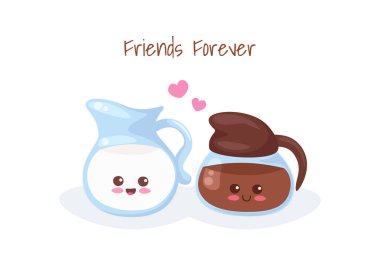 Kawaii tarzında şirin sütlü sürahi ve kahve karakterleri. Kahvaltı içkileri hazır. Beyaz arkaplanda vektör çizimi izole edildi. Kart, kumaş baskısı, çocuk posteri. Sütlü Americano.