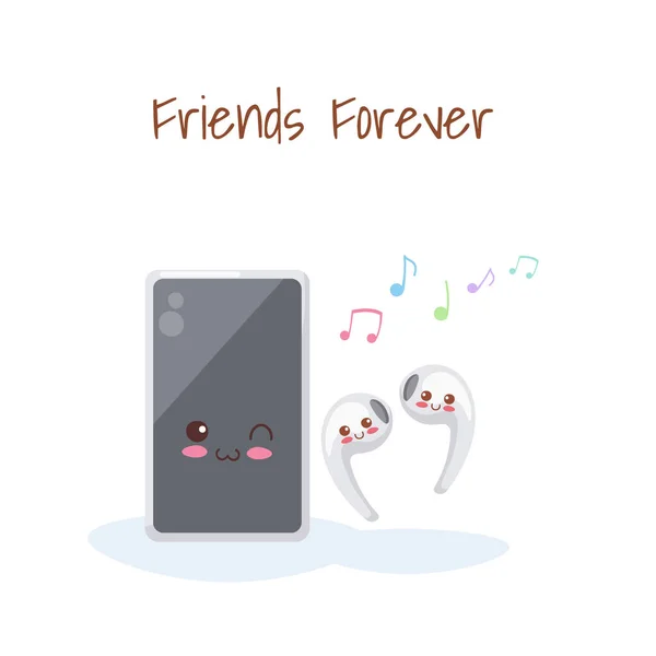Kawaii Adorable Vector Technology Characters Happy Phone Smiling Earphones Playing — 图库矢量图片