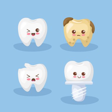Şirin küçük dişler, sağlıklı, implant, kırık diş, diş bakımı. Farklı duyguları olan sevimli vektör çizimi. Çocuklar için Kawaii karakterleri Ağız bakımı posteri, dişçi ofisi, baskı.
