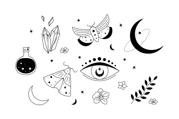 Черно Белые Цветочные Луны Кристаллы Глаза Цветы Инсектицидная Коллекция Мистическая — стоковый вектор