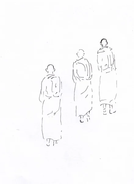 Αφηρημένη Περπάτημα Βουδιστές Μοναχοί Σιλουέτες Αρχικό Σχέδιο Μελάνης Ειρηνικό Μινιμαλιστικό — Φωτογραφία Αρχείου