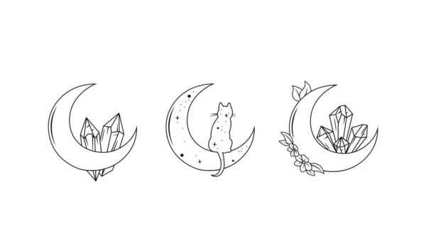Floral Moon Cat Crystals Stars Collection Mystical Boho Vector Illustration — 图库矢量图片