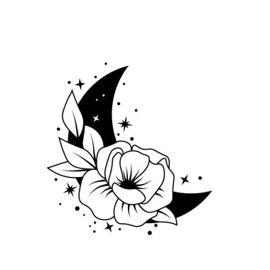 Siyah ve beyaz boho ay ve yıldızlı gül çiçeği. Beyaz arka planda izole edilmiş mistik vektör çizimi. Hilal ay ile tırman. Kart, logo, kumaş izi, dövme için çiçek çizgisi.